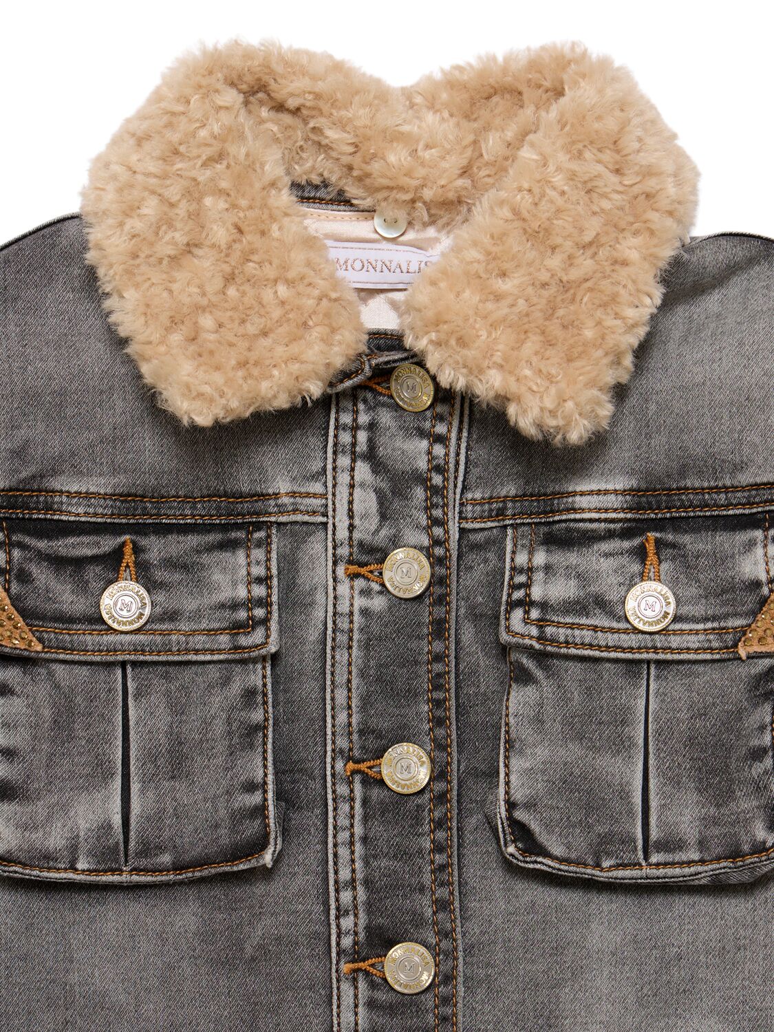 Shop Monnalisa Cotton Denim Jacket W/faux Fur Collar In Grey