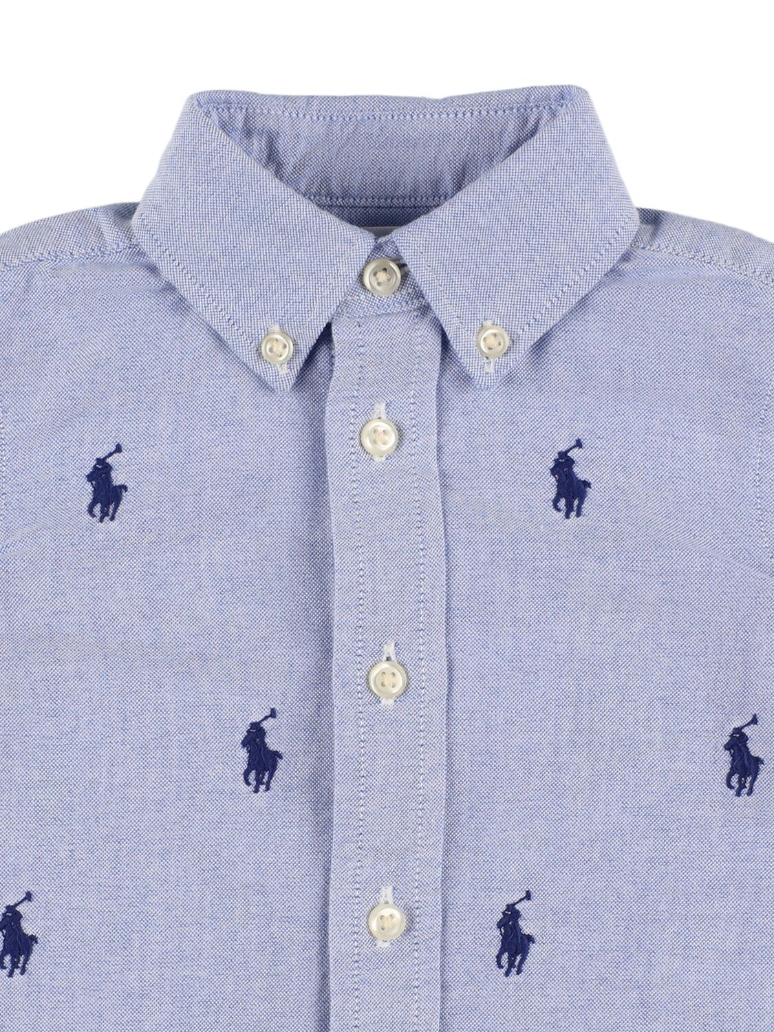 Shop Polo Ralph Lauren All Over Logo Cotton Poplin Shirt In Light Blue