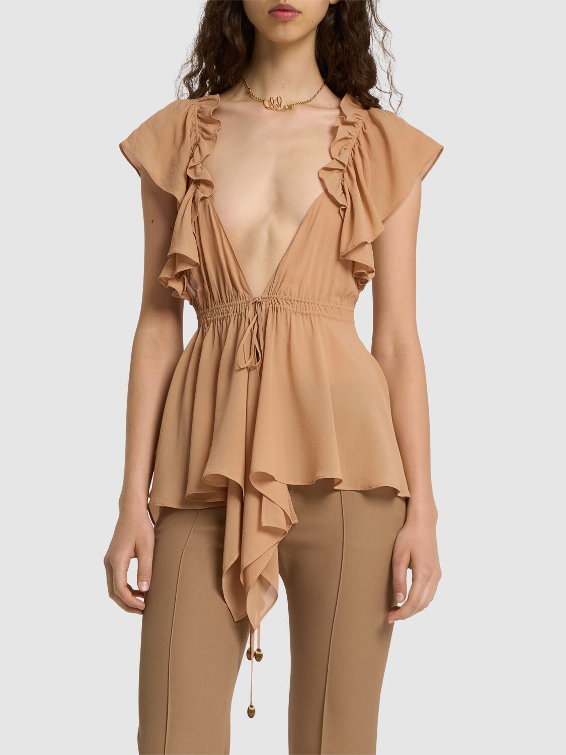 Shop Chloé Ruffled Silk V Neck Top In Pink