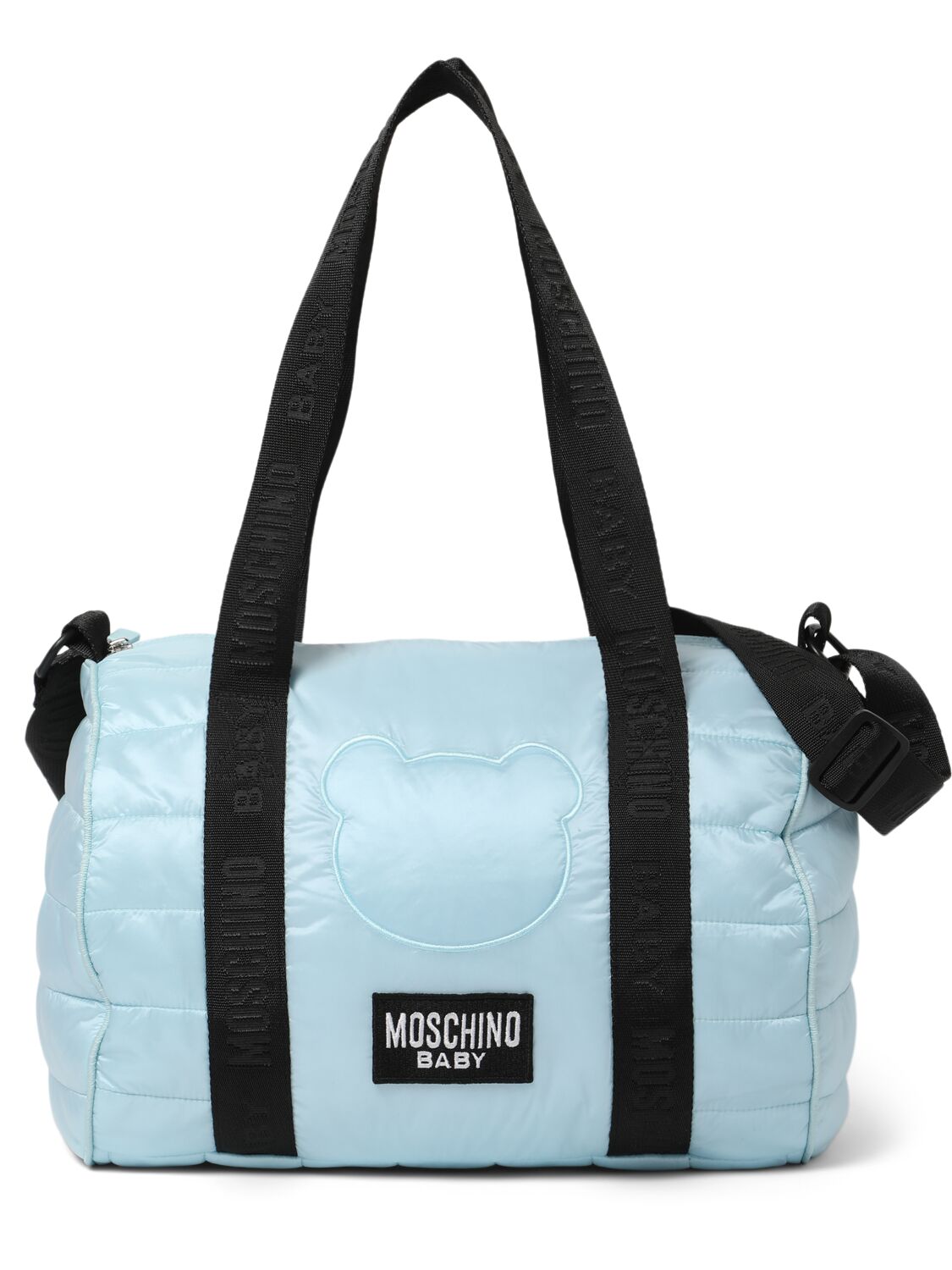 Moschino Printed Nylon Changing Bag W/ Mat In Light Blue