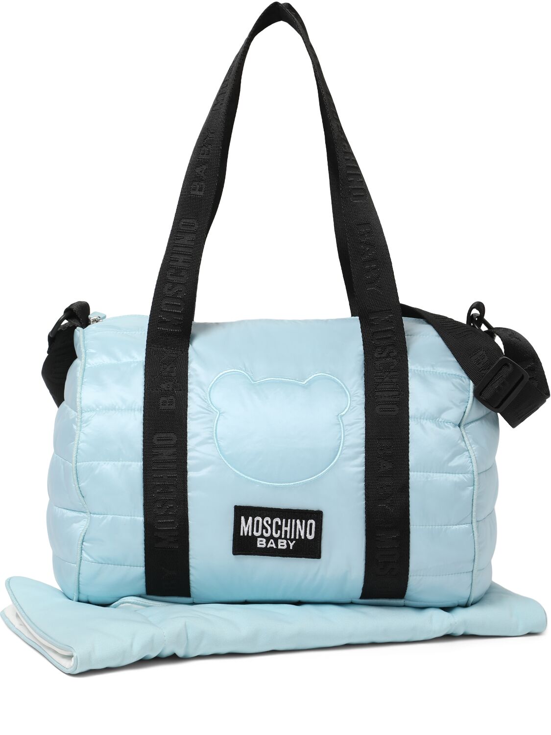 Shop Moschino Printed Nylon Changing Bag W/ Mat In Light Blue