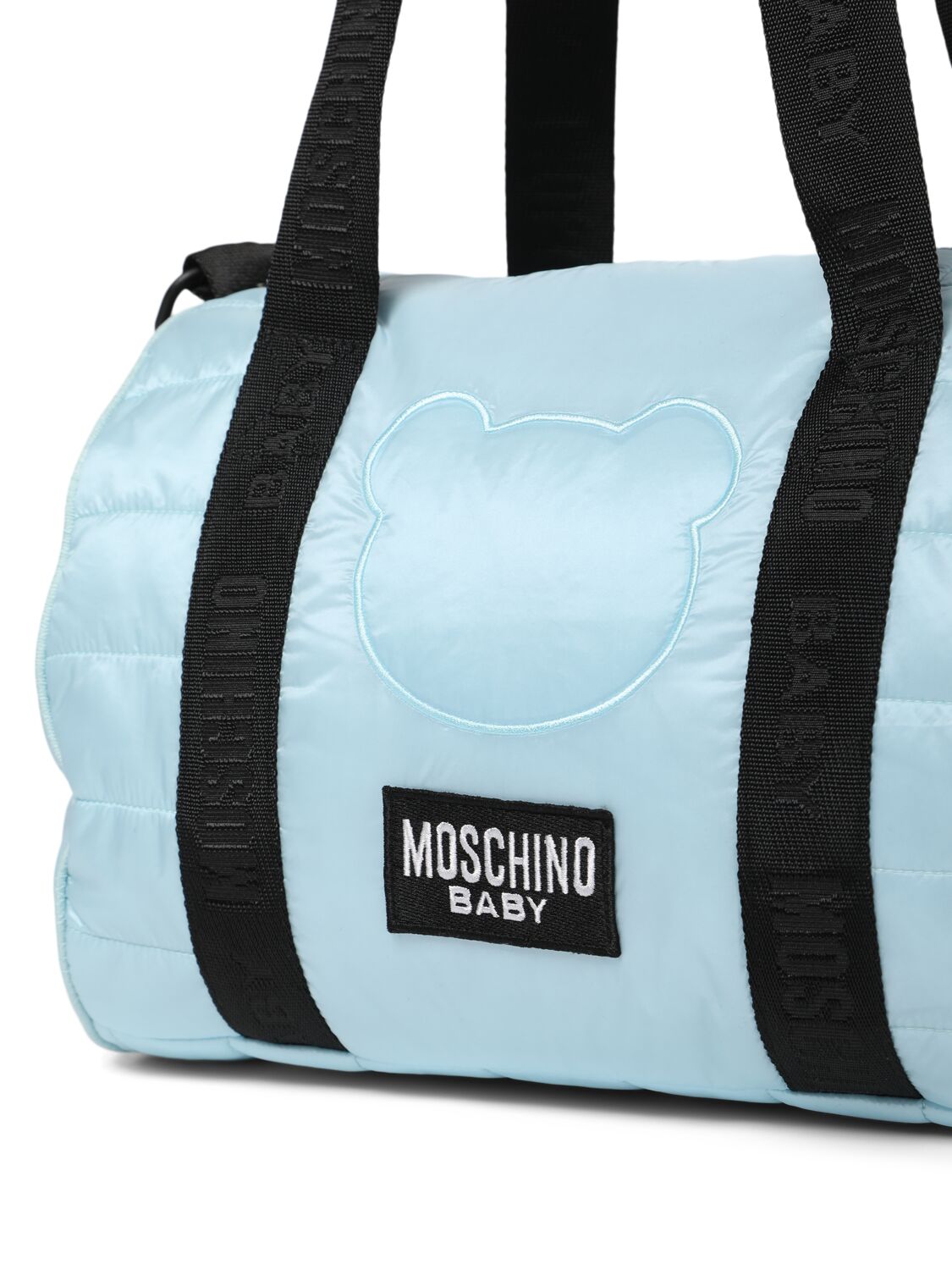 Shop Moschino Printed Nylon Changing Bag W/ Mat In Light Blue