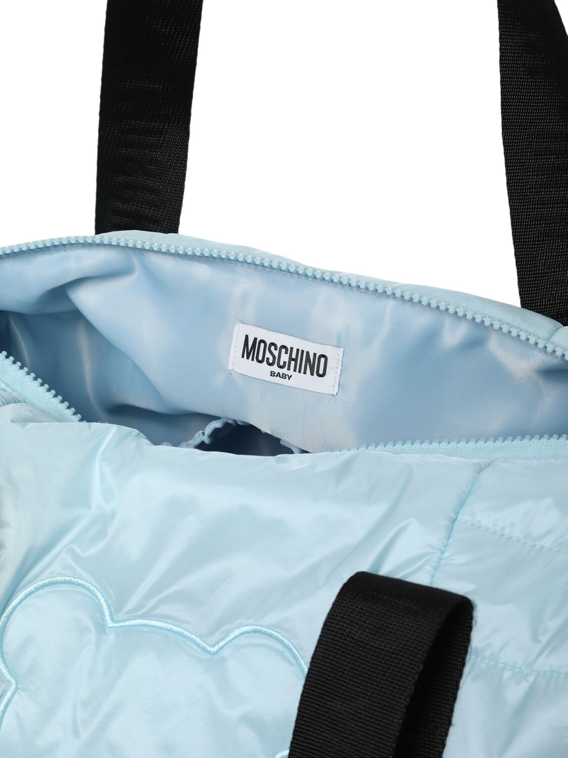 Shop Moschino Printed Nylon Changing Bag W/ Mat In Light Blue