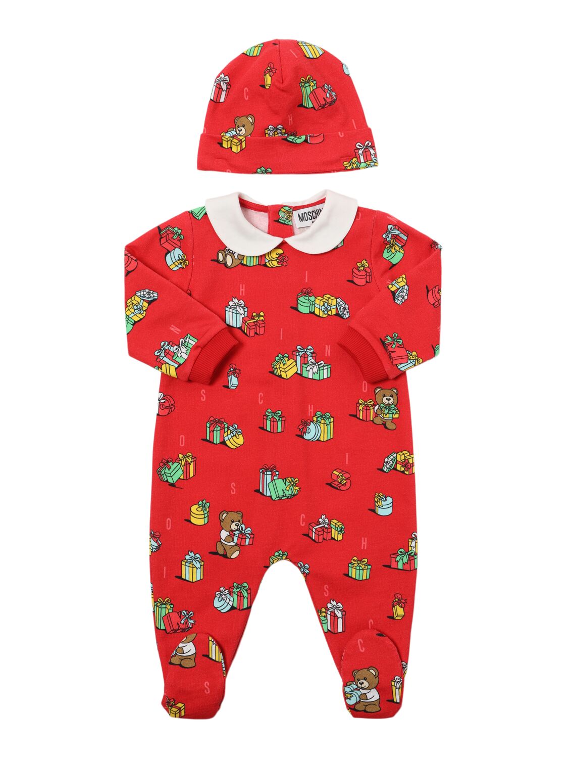 Moschino Babies' Printed Cotton Romper & Hat In Red/multi