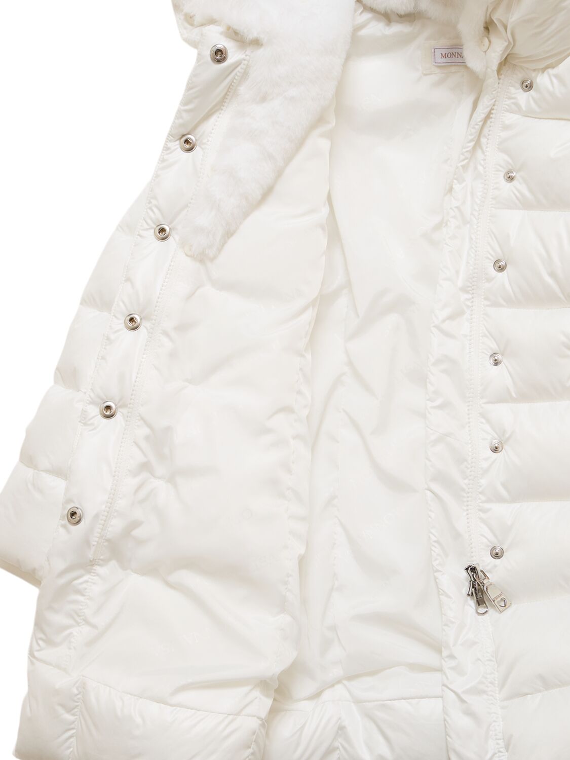 Monnalisa Hooded Poly & Faux Fur Puffer Jacket In White