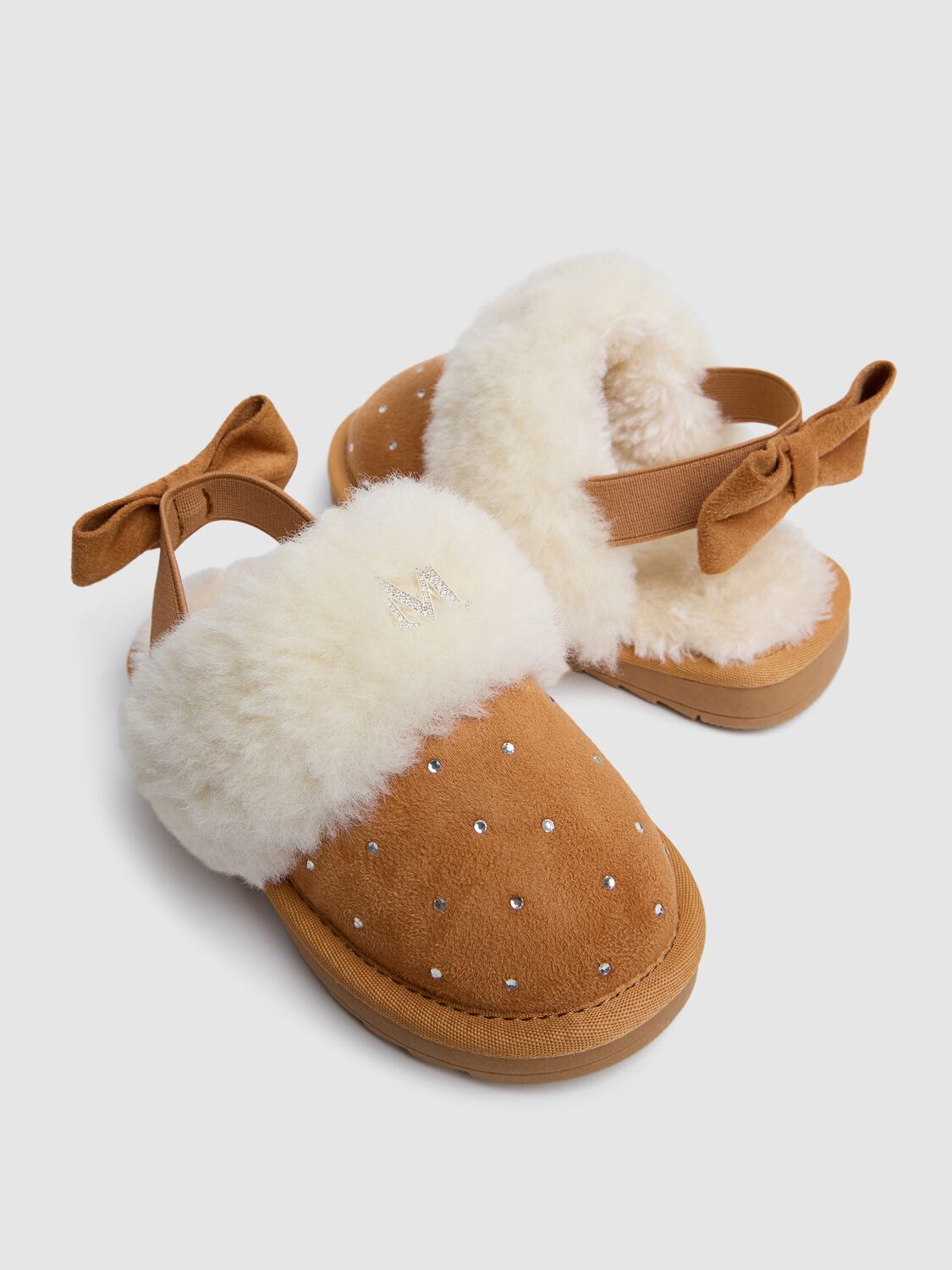 MONNALISA EMBELLISHED SUEDE MULES W/BOW APPLIQUÉ 