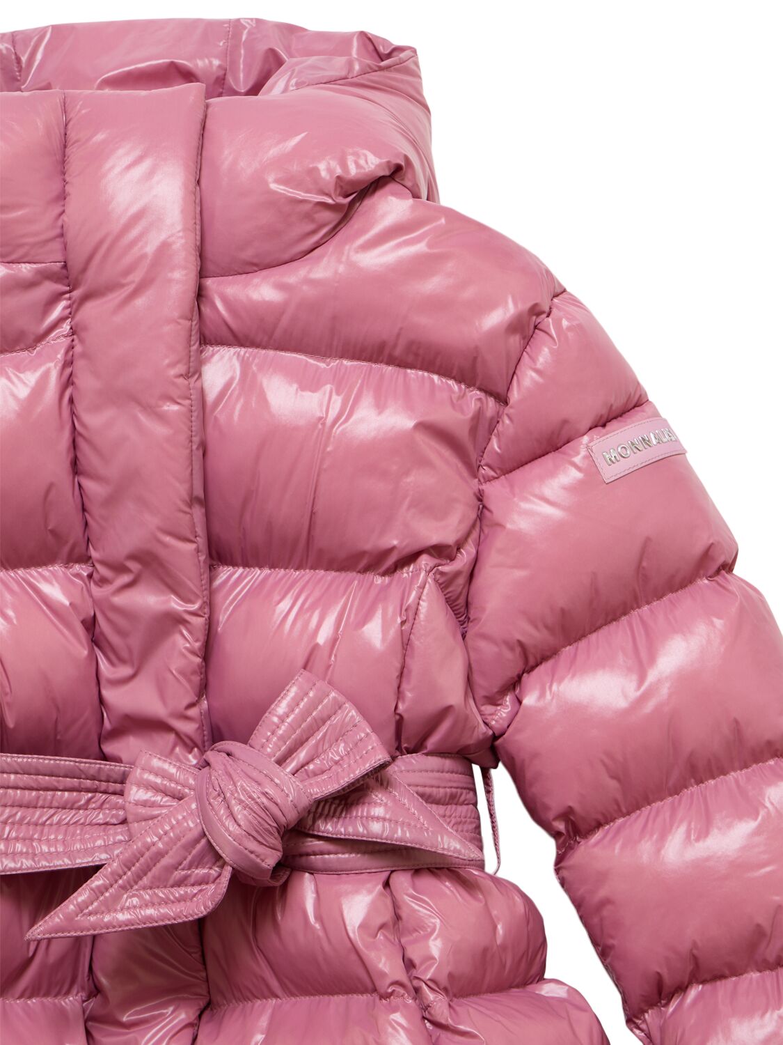 Shop Monnalisa Hooded Poly Puffer Jacket W/ Belt In Pink