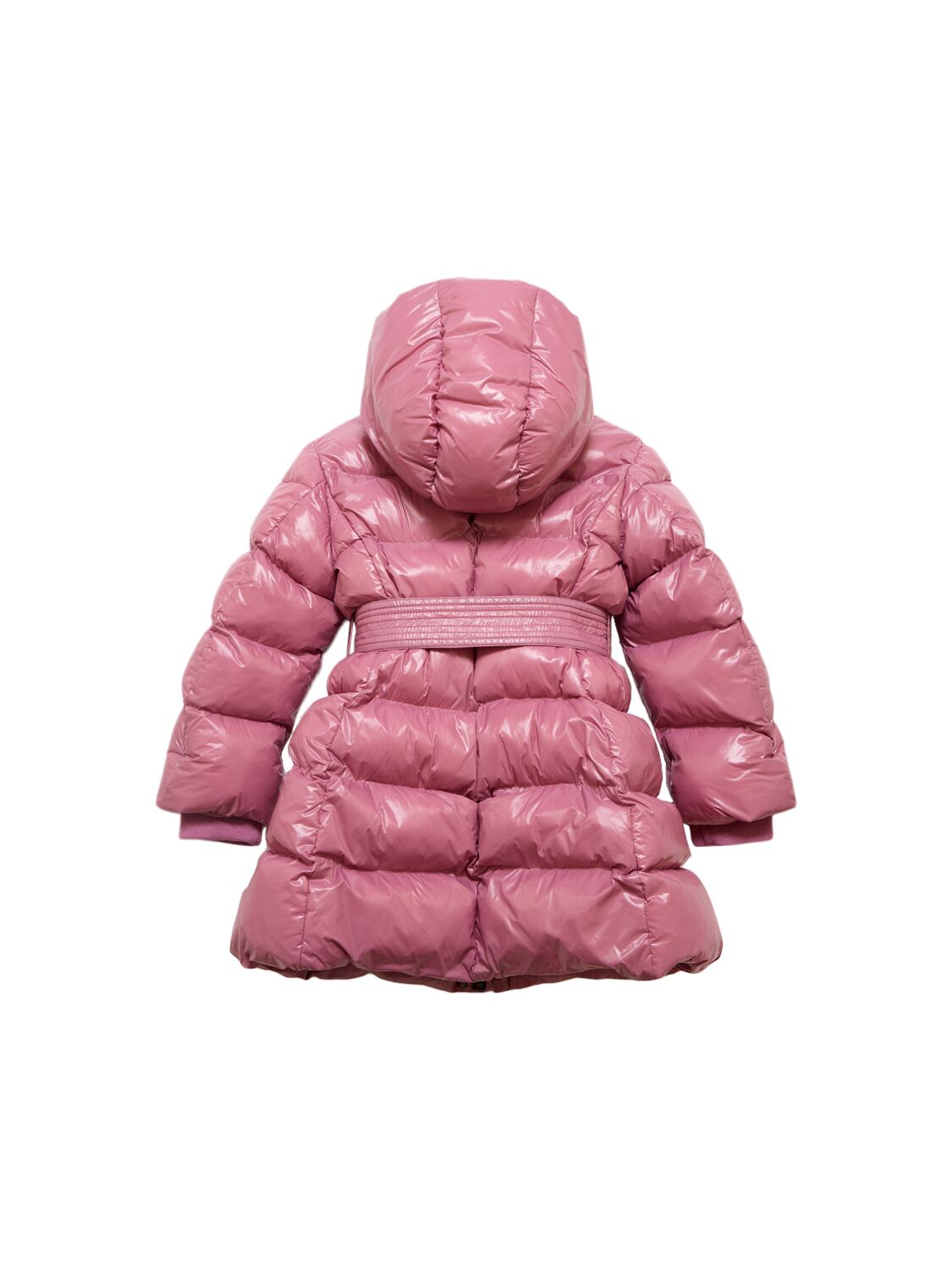 Shop Monnalisa Hooded Poly Puffer Jacket W/ Belt In Pink