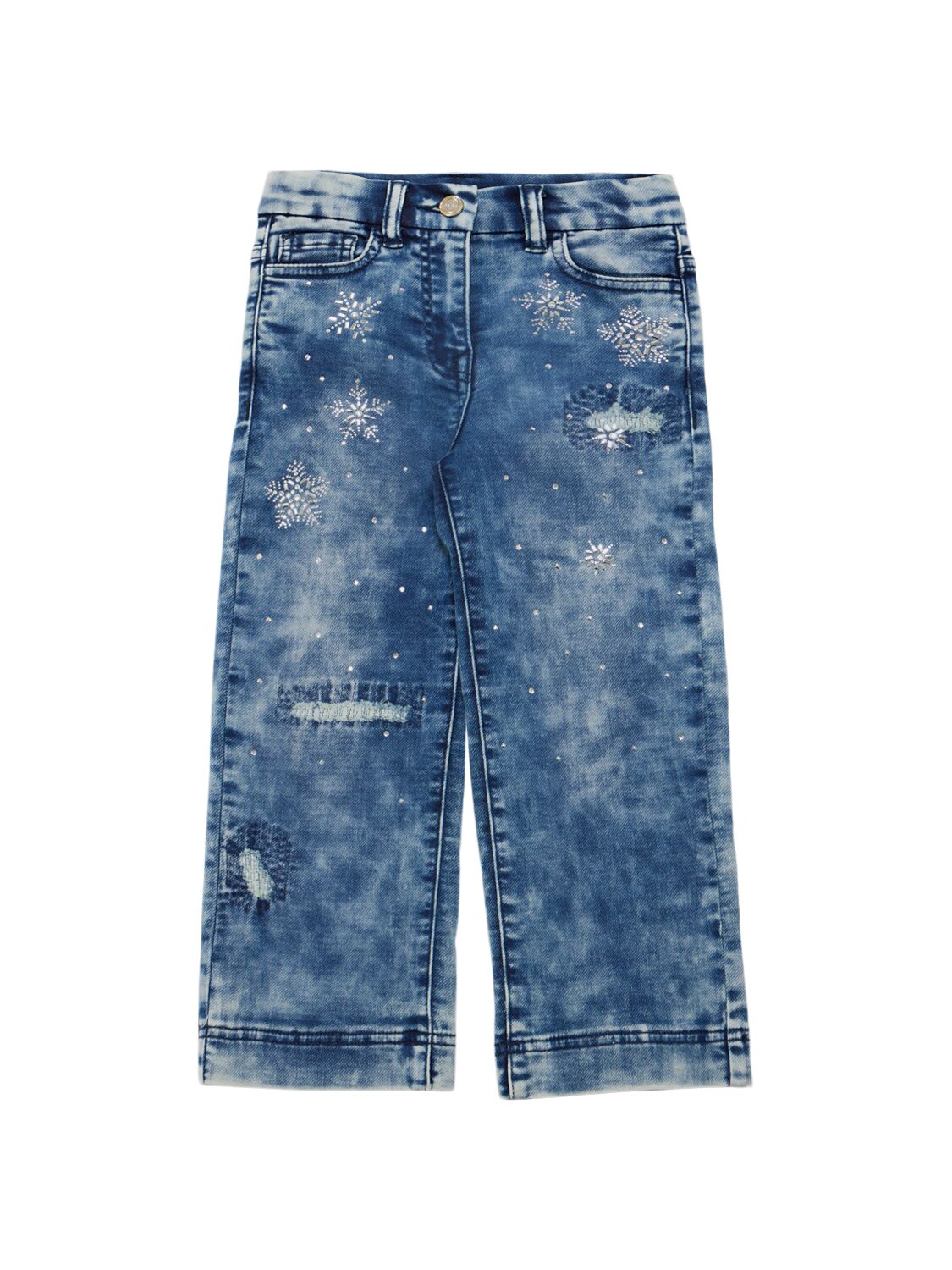 Monnalisa Embellished Cotton Jeans In Blue