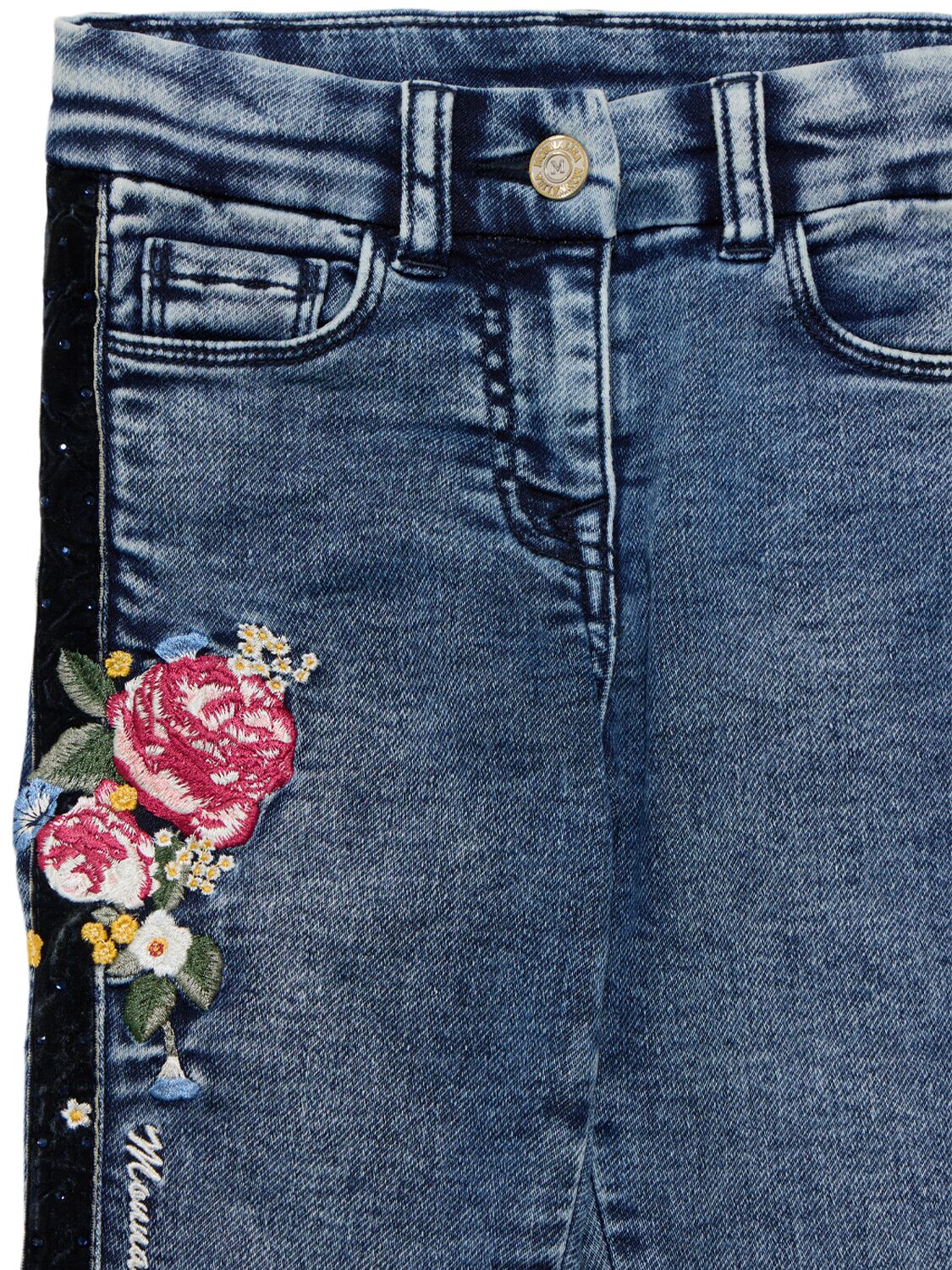 MONNALISA EMBROIDERED COTTON BLEND JEANS 