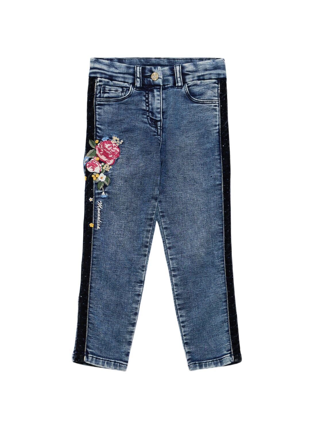 Monnalisa Embroidered Cotton Blend Jeans In Blue