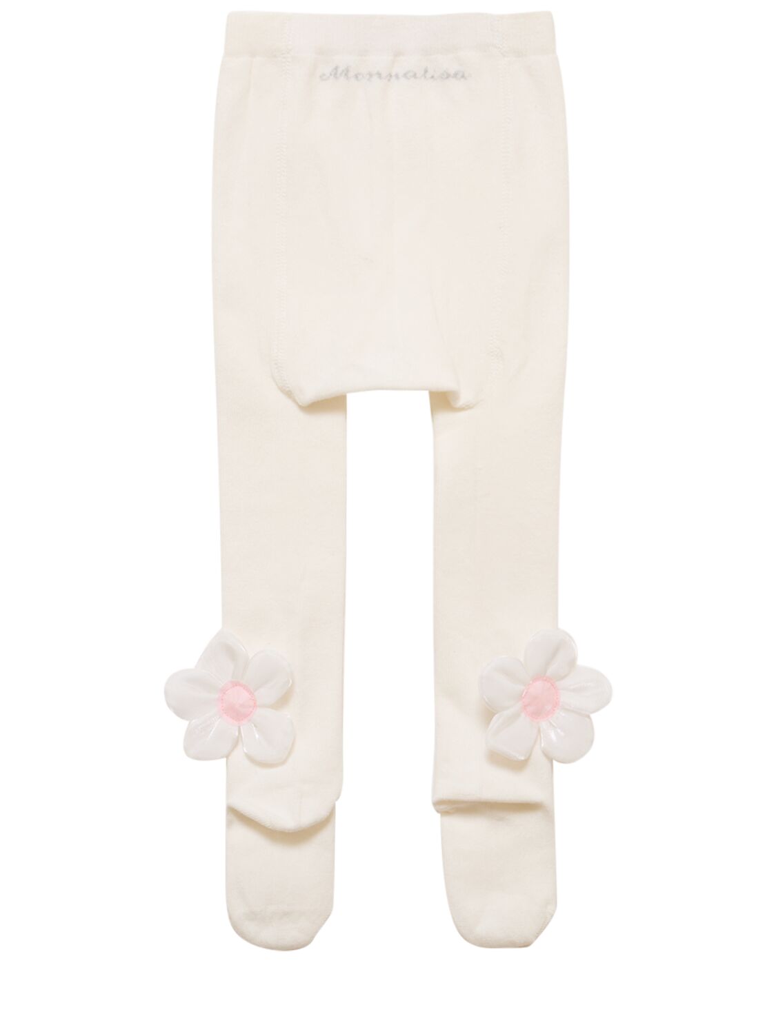 Monnalisa Cotton Blend Tights W/ Flower Appliqué In 白色