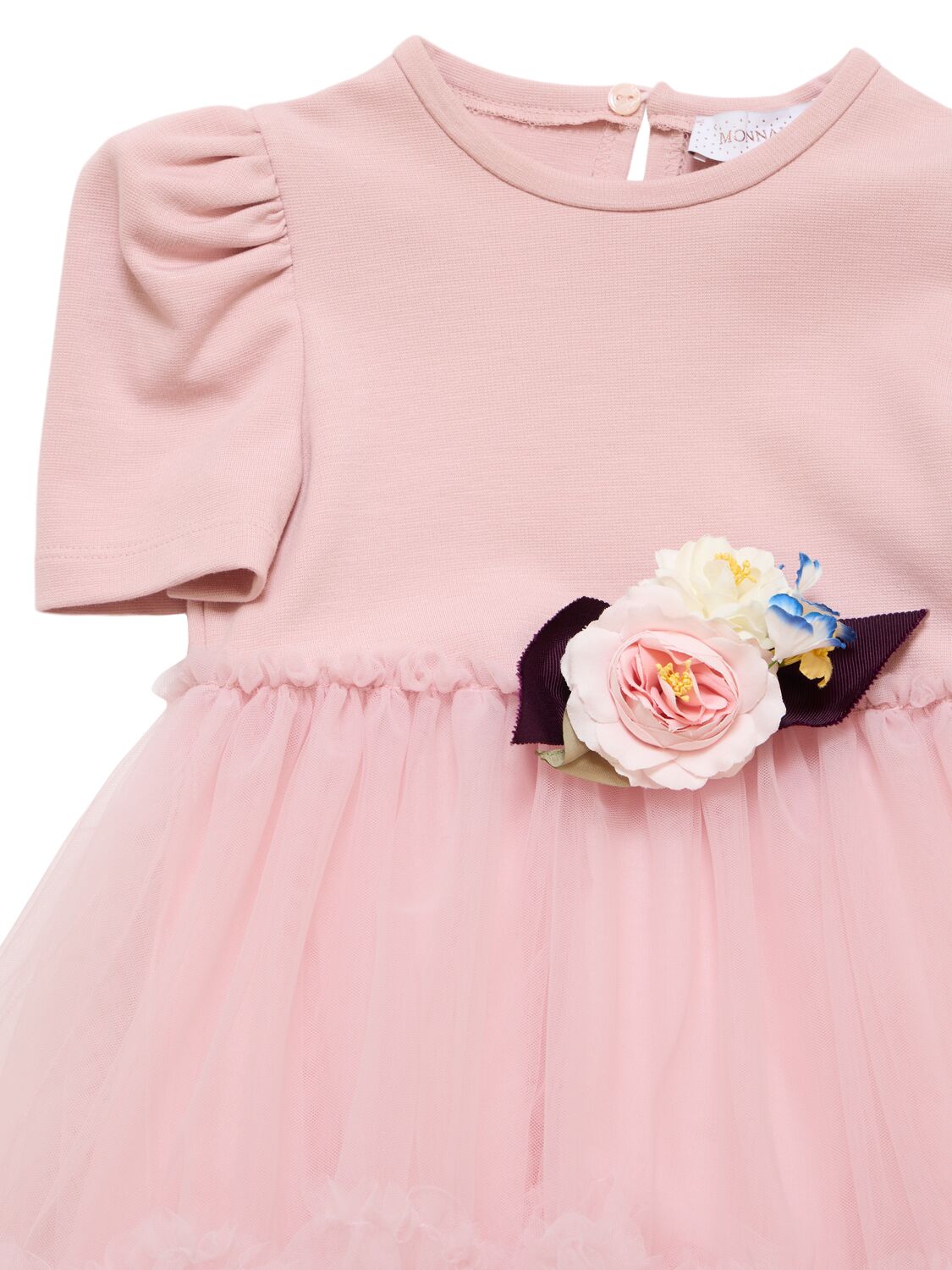 Shop Monnalisa Cotton & Tulle Dress W/flower Appliqué In Pink