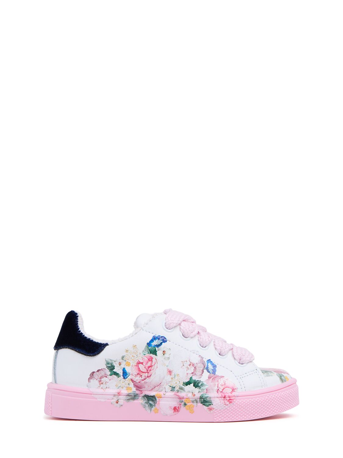 Monnalisa Floral Print Leather Lace-up Sneakers In White/pink