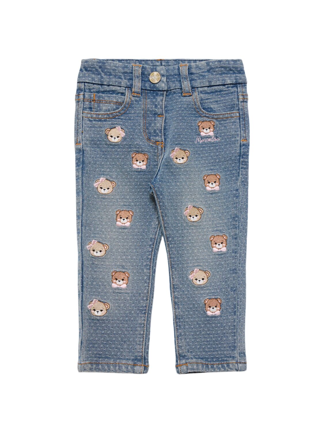 Monnalisa Babies' Embroidered Cotton Blend Jeans In Blue