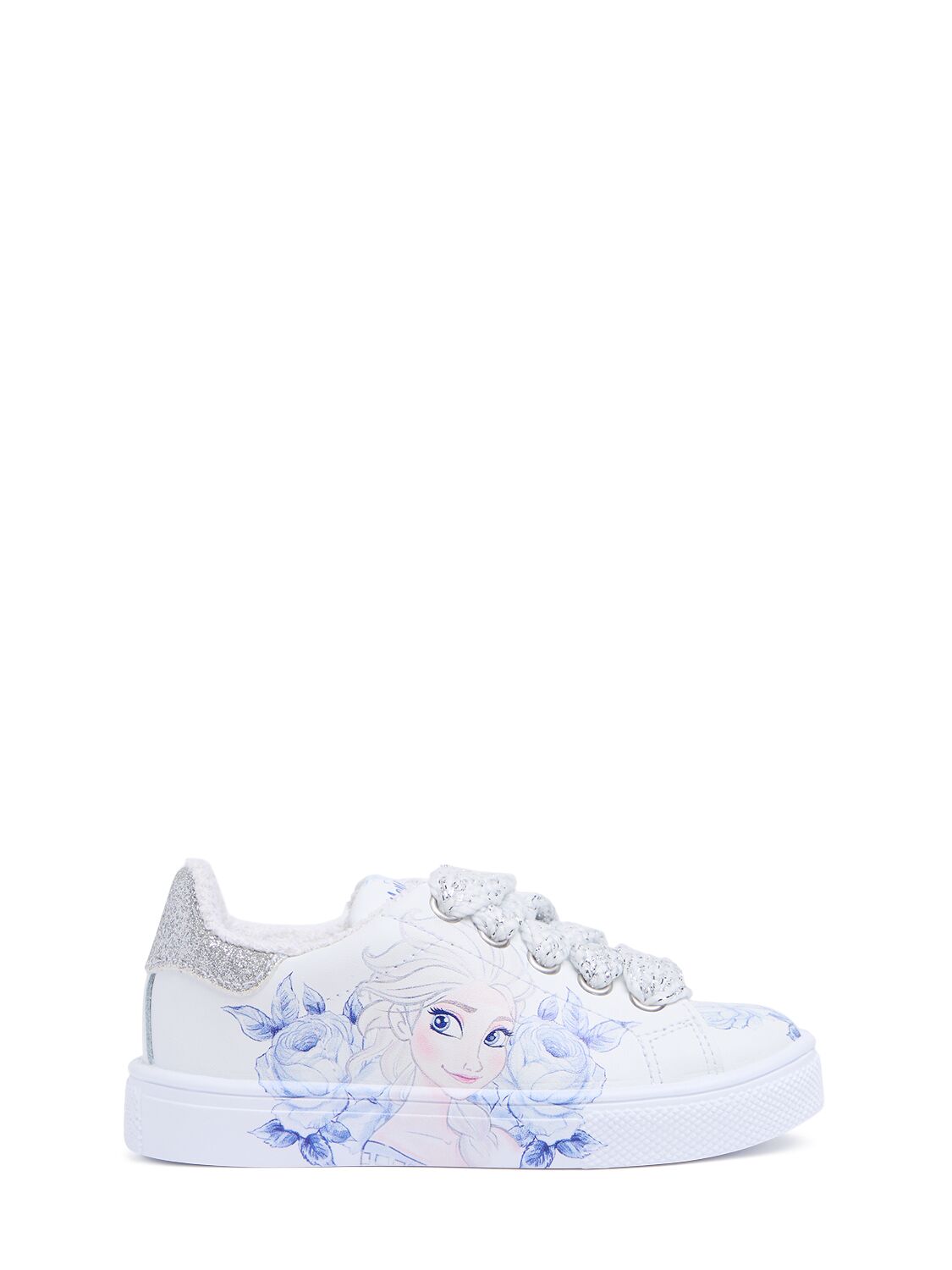 Monnalisa Frozen Print Leather Lace-up Sneakers In White/blue