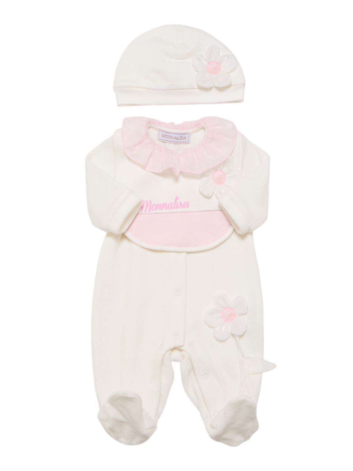 Monnalisa Babies' Cotton Chenille Romper, Hat & Bib In White/pink