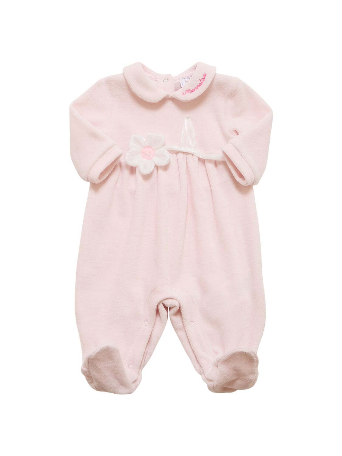 Monnalisa Cotton Chenille Romper W/flower Appliqué In Pink