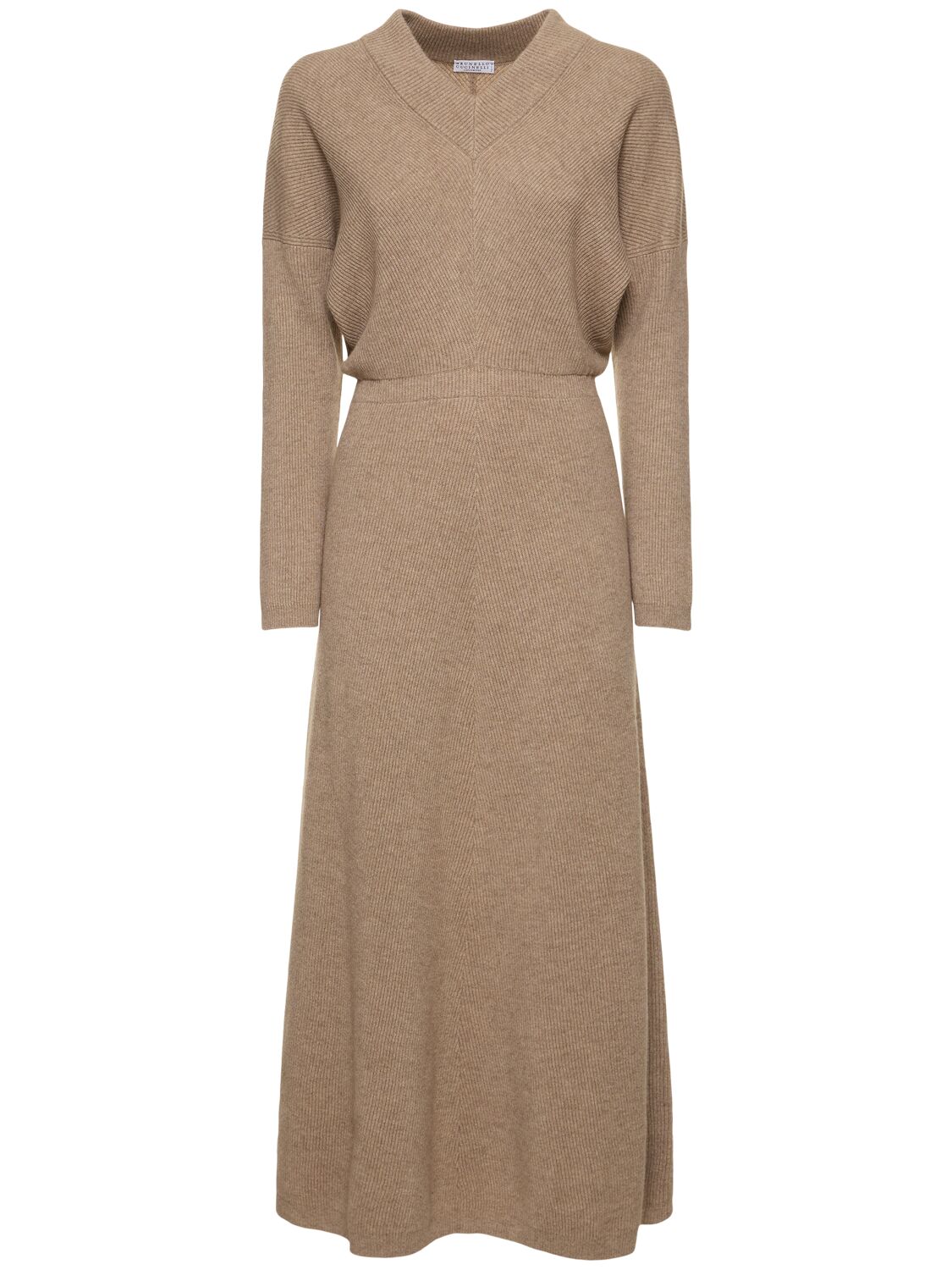 Brunello Cucinelli Cashmere Knitted Midi Dress In Beige