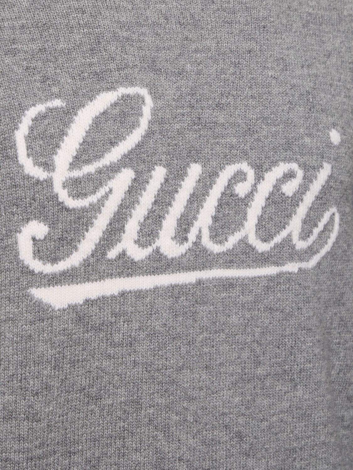 Shop Gucci Logo Wool Knit Sweater In Grey/white