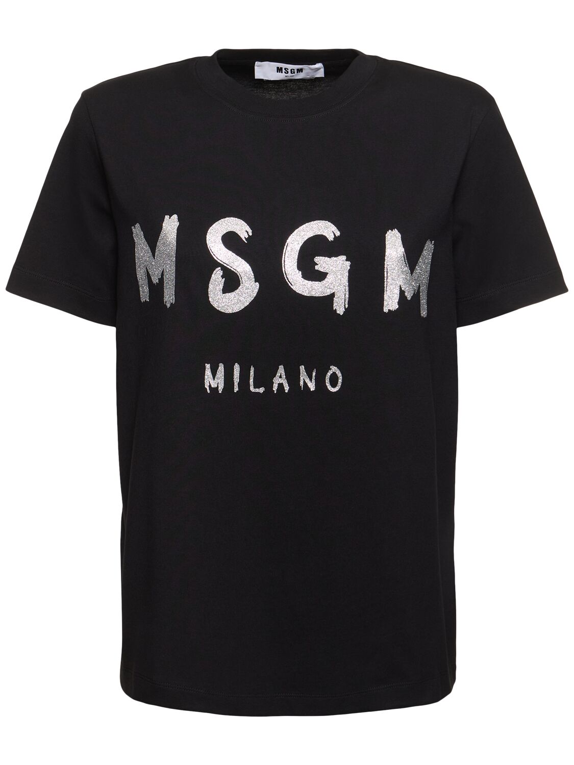 Shop Msgm Cotton Jersey Logo T-shirt In 黑色/银色