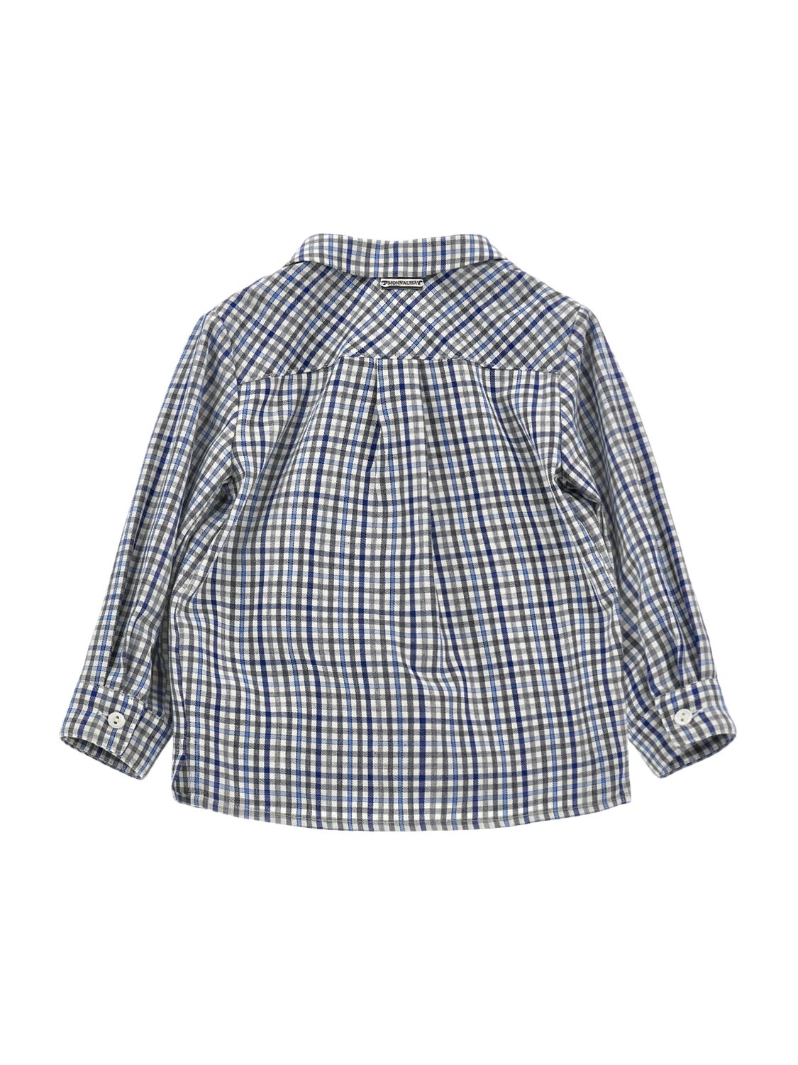 Shop Monnalisa Check Print Cotton Poplin Shirt In Blue/grey