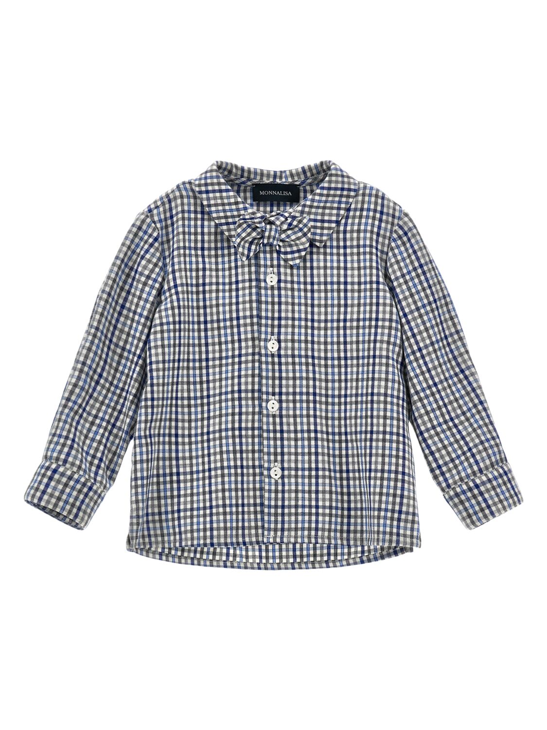 Monnalisa Check Print Cotton Poplin Shirt In Blue/grey