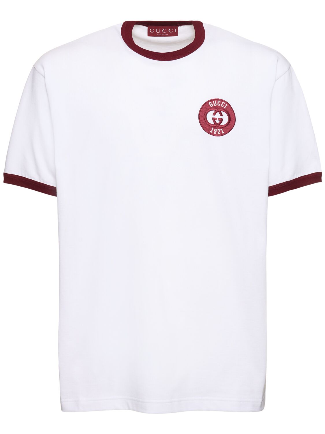 Shop Gucci Patch Cotton Jersey T-shirt In White/bordeaux