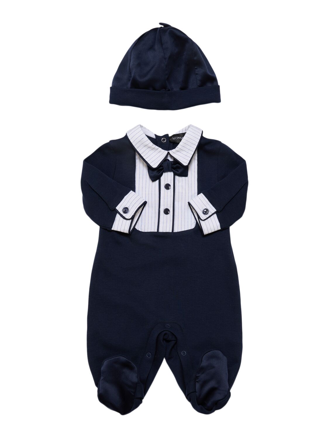 Monnalisa Babies' Cotton Interlock Romper & Hat In Blue/white