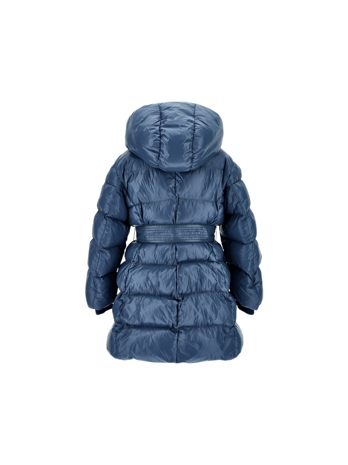 Shop Monnalisa Hooded Poly Puffer Jacket W/ Belt In Blue