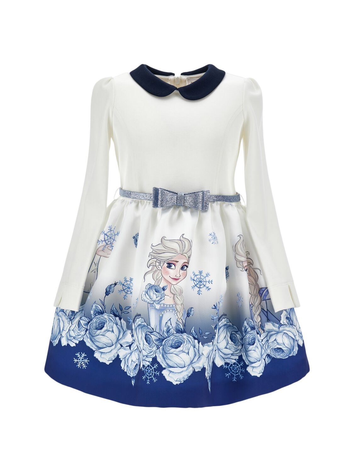 Monnalisa Elsa Print Poly Dress W/bow Appliqué In White/blue