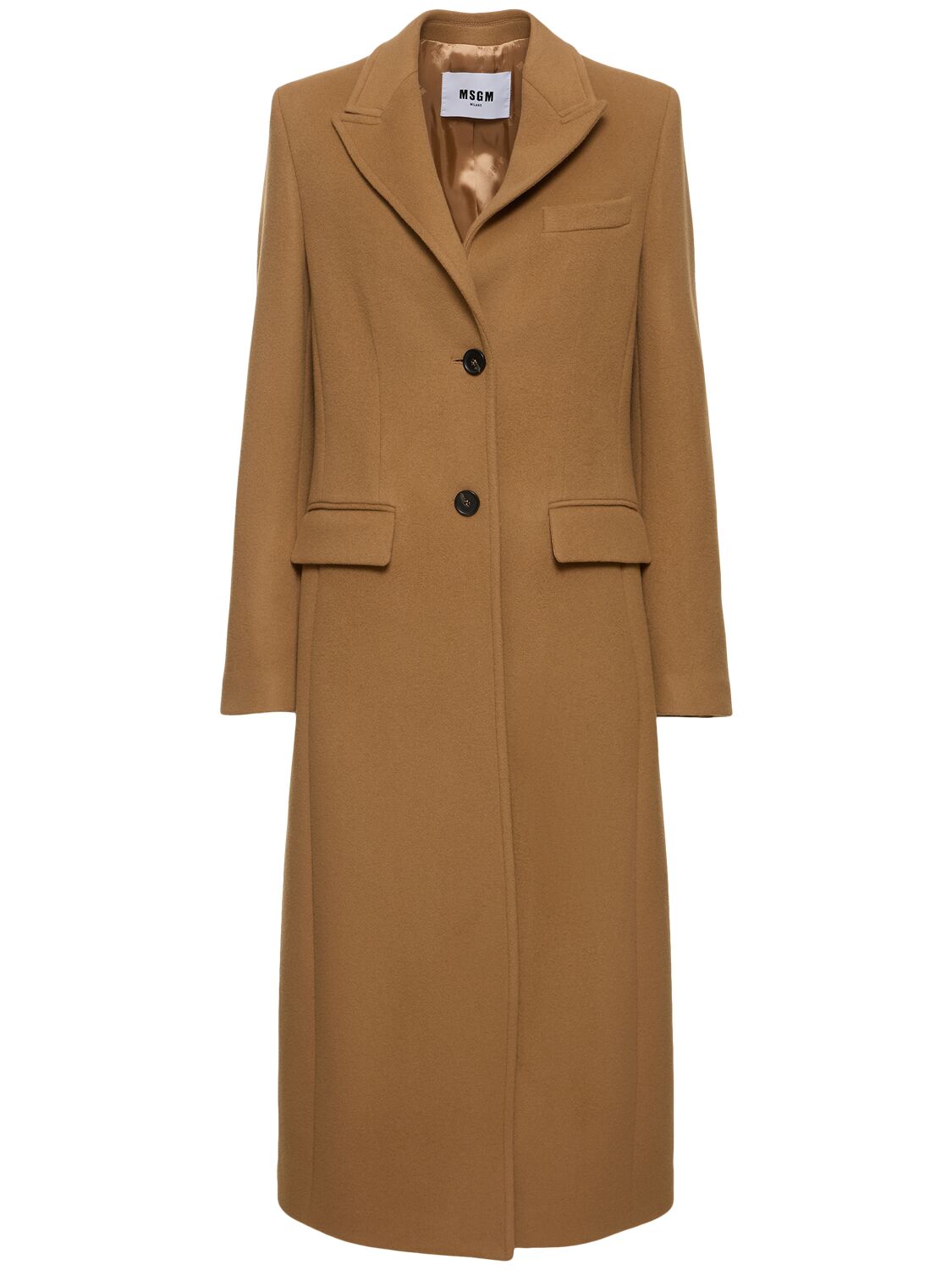 Msgm Wool Blend Felt Single Breast Long Coat In Camel