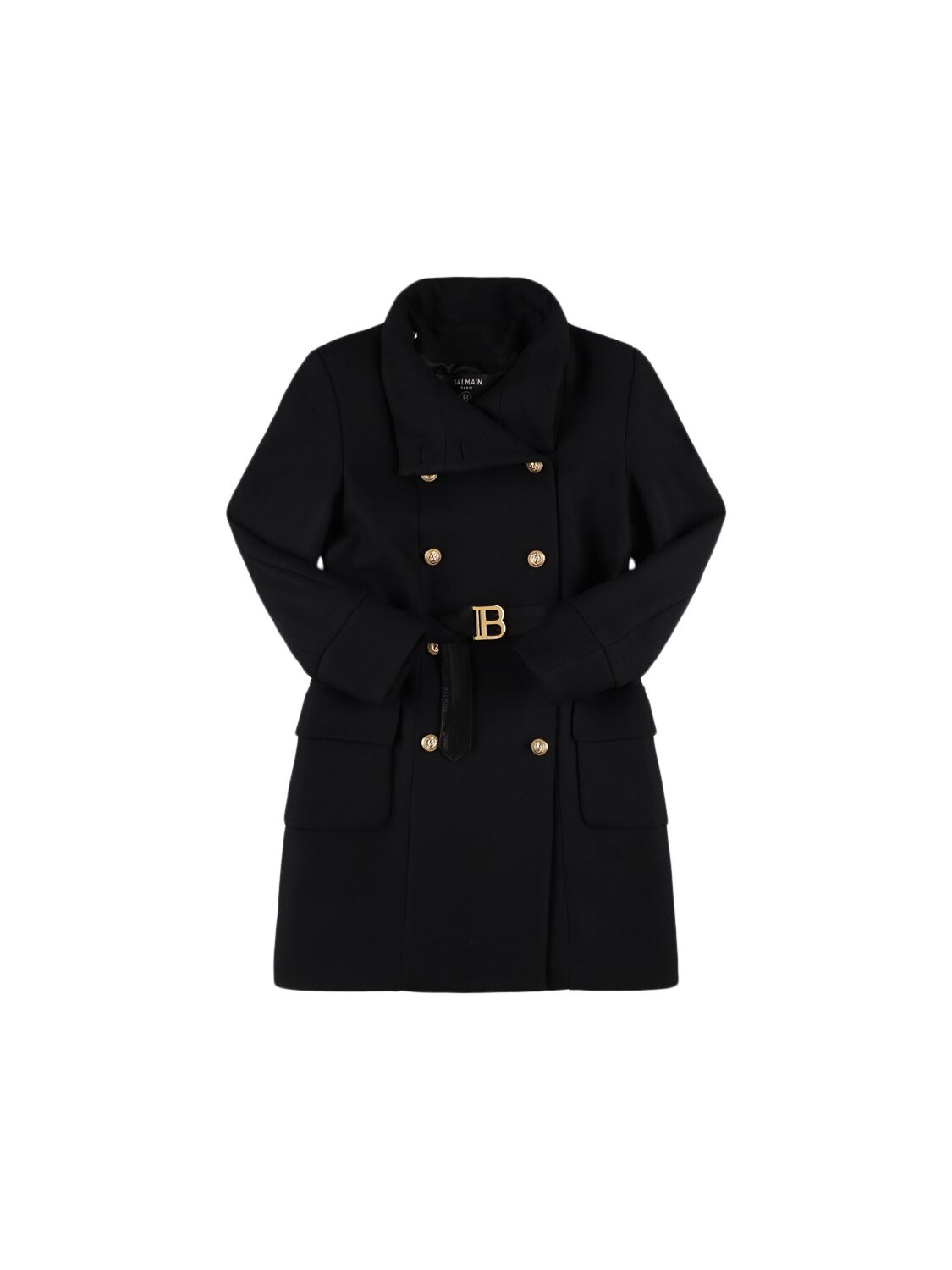 Balmain Double Breast Wool Blend Coat W/ Belt In Black/gold