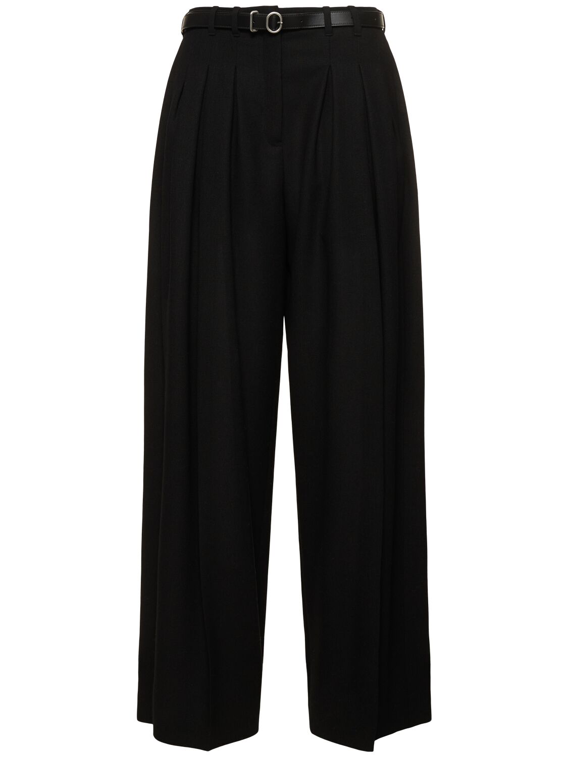 Jil Sander Pleated Belted Wool Wide Trousers In Black