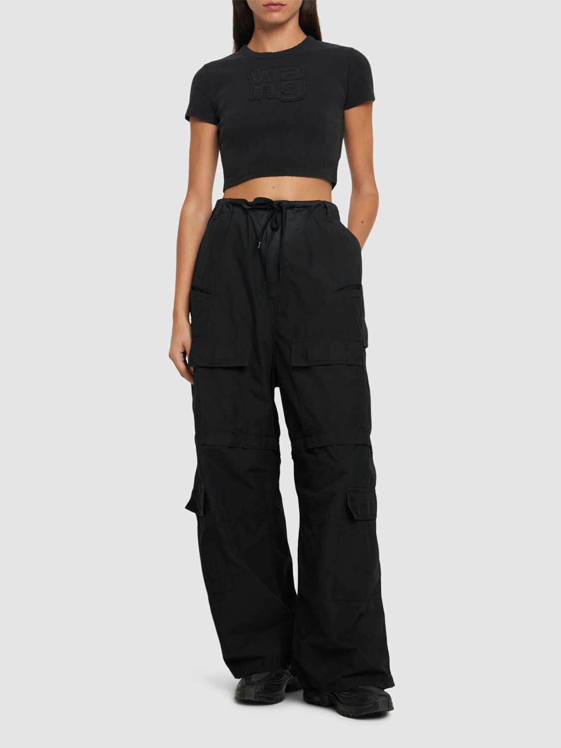 Shop Alexander Wang Distressed Ribbed Cotton Crop T-shirt In Black