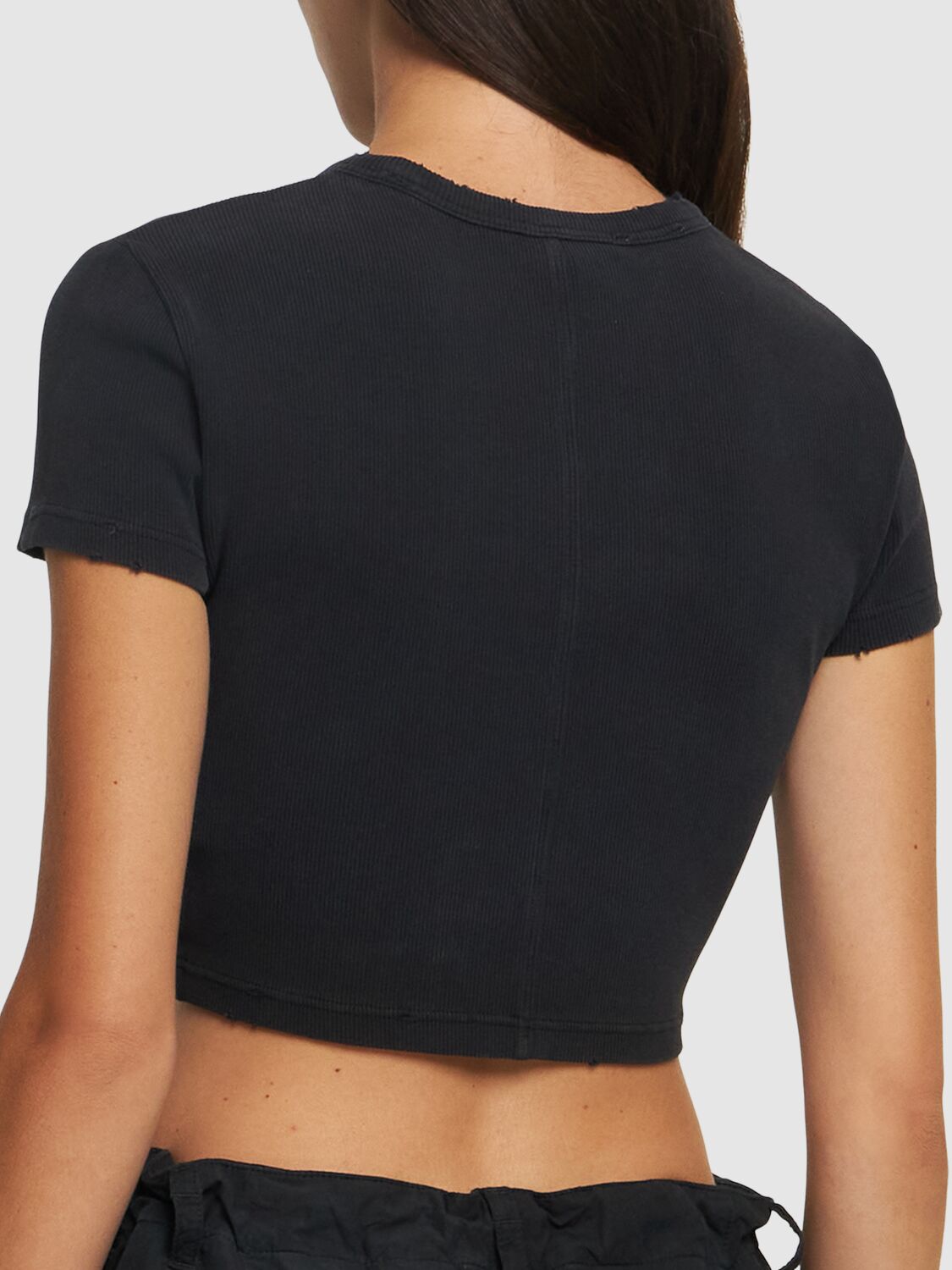 Shop Alexander Wang Distressed Ribbed Cotton Crop T-shirt In Black