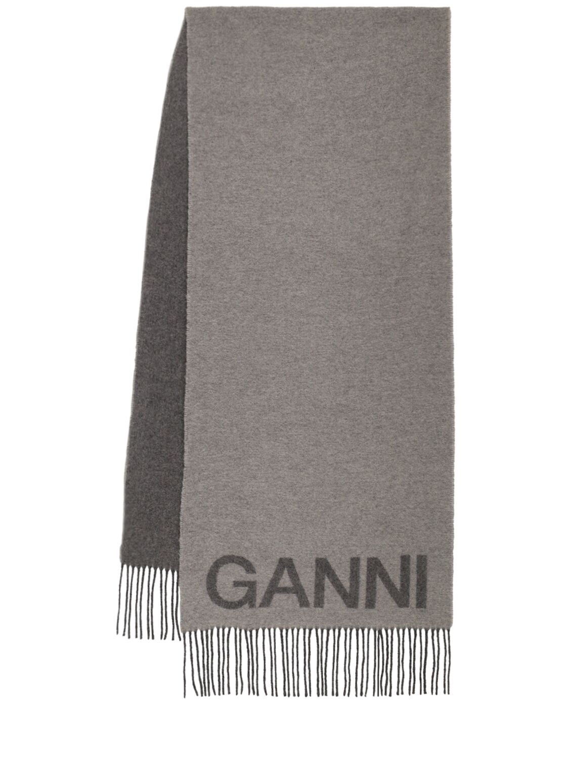 Shop Ganni Fringed Wool Scarf In Frost Gray