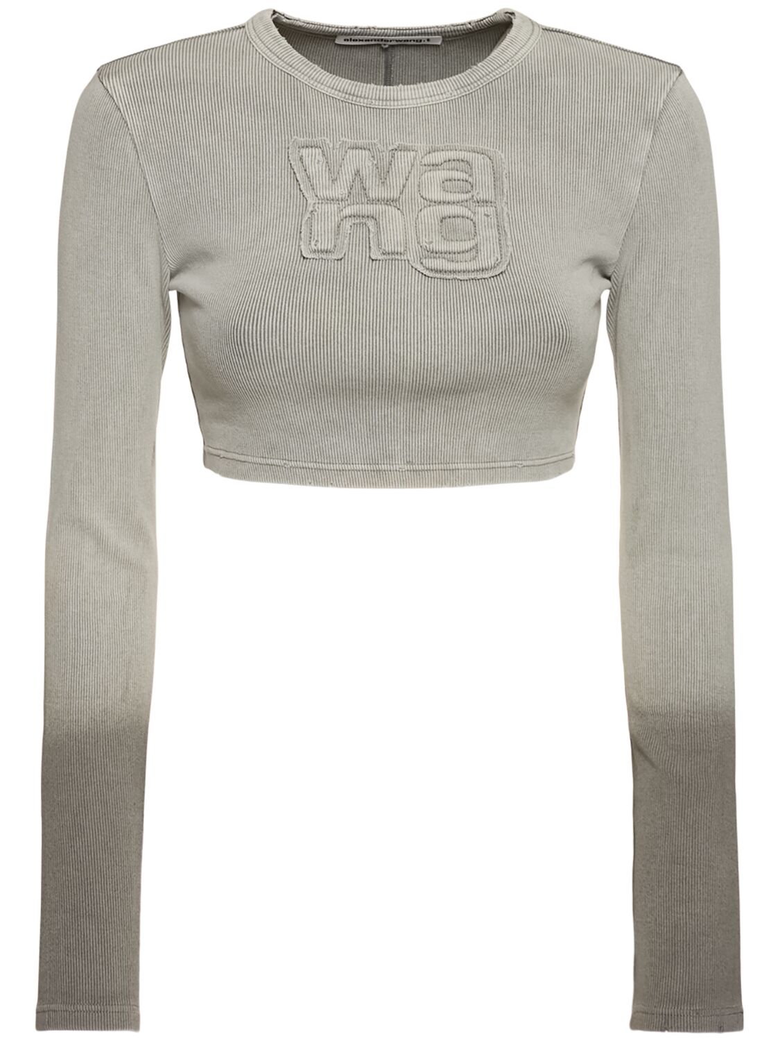 Alexander Wang Distressed Cotton Long Sleeve T-shirt In Grey