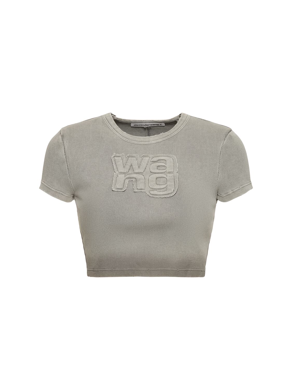 Alexander Wang Distressed Ribbed Cotton Crop T-shirt In Grey