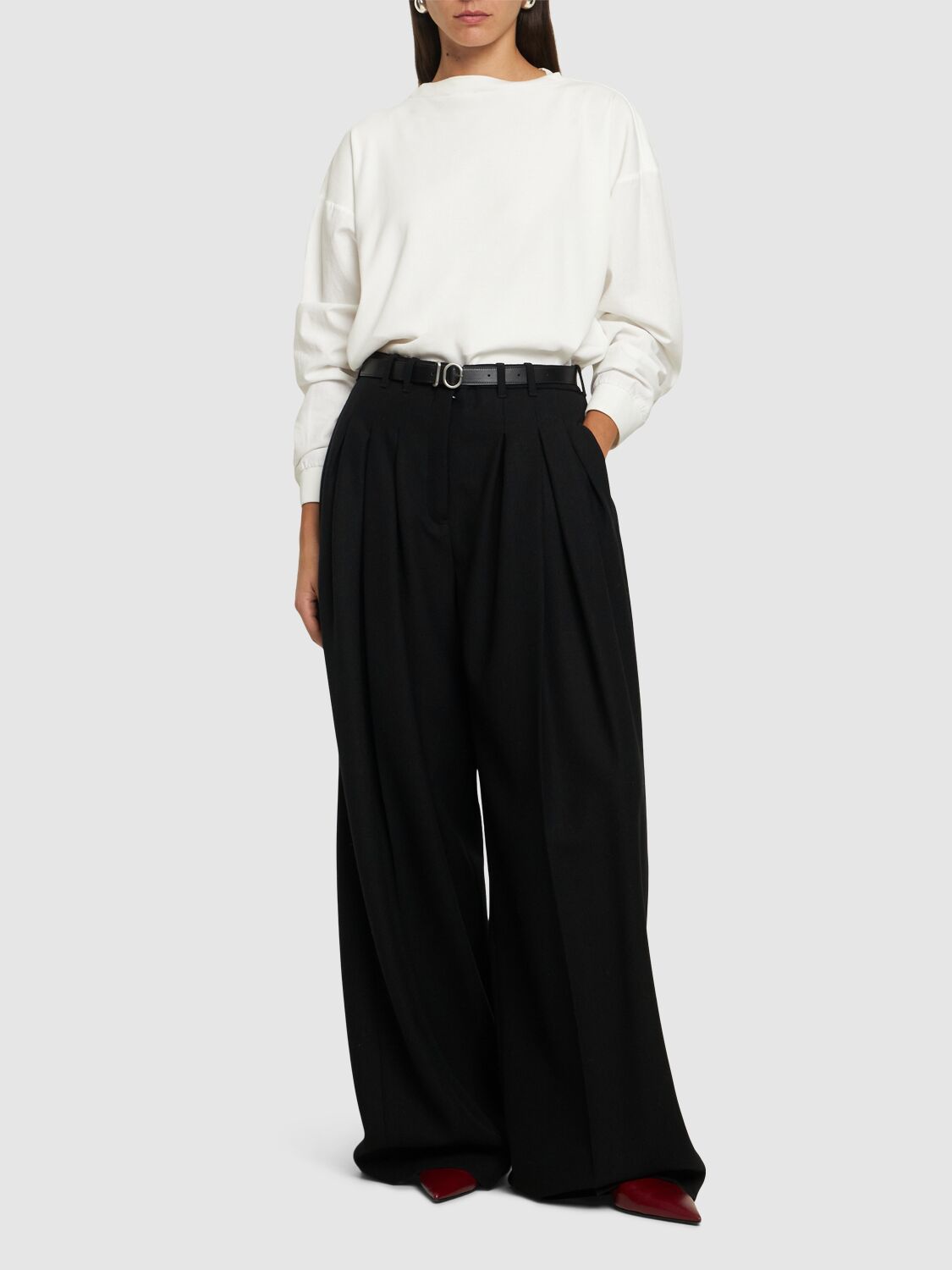 Shop Jil Sander Pleated Belted Wool Wide Pants In Black