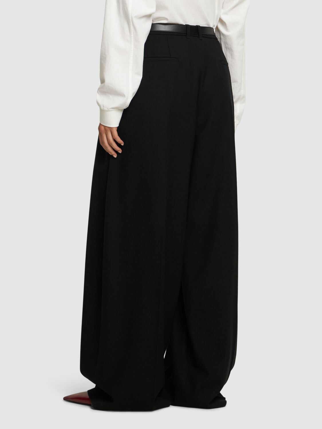 Shop Jil Sander Pleated Belted Wool Wide Pants In Black