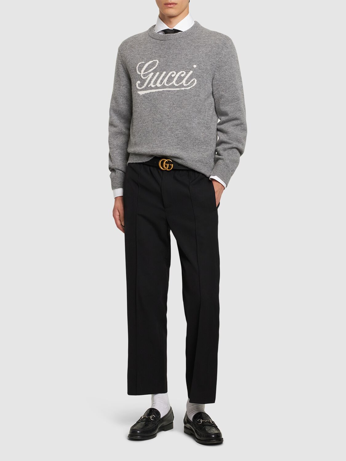 Shop Gucci Logo Wool Knit Sweater In Grey/white