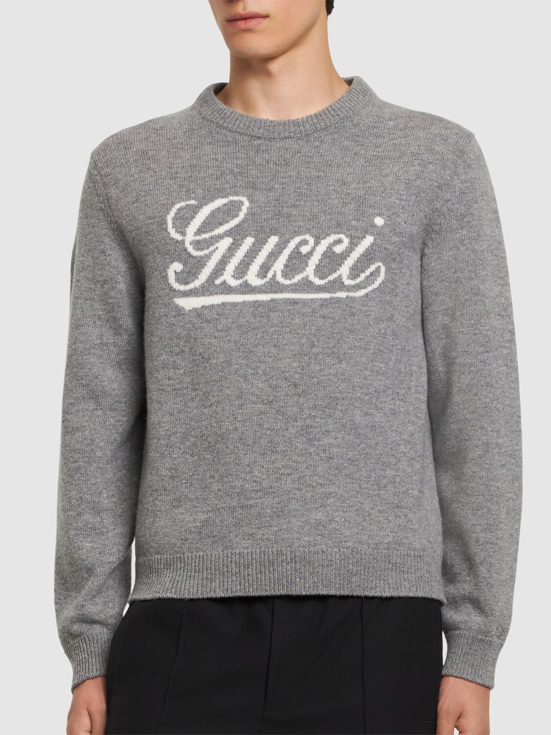 Shop Gucci Logo Wool Knit Sweater In Grey/white