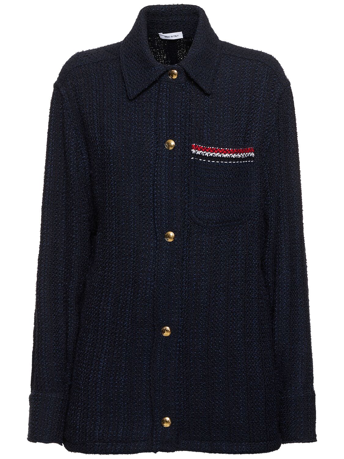 Shop Thom Browne Solid Tweed Shirt Jacket W/ Pocket In Navy