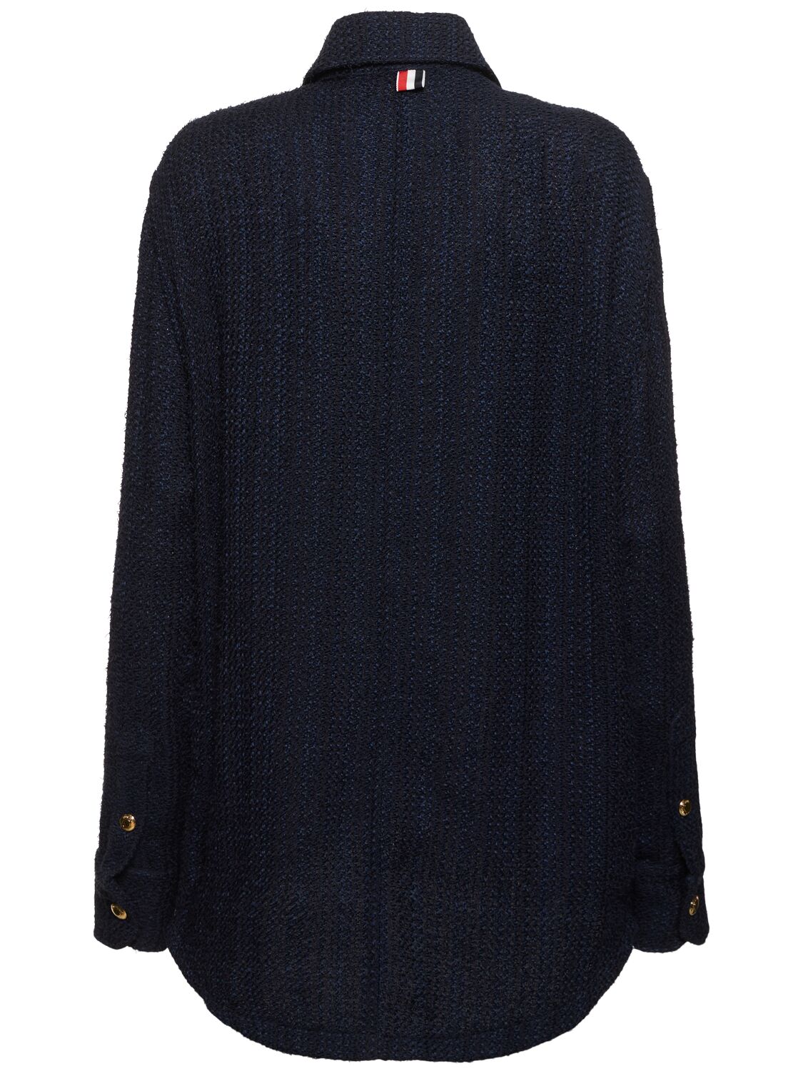 Shop Thom Browne Solid Tweed Shirt Jacket W/ Pocket In Navy