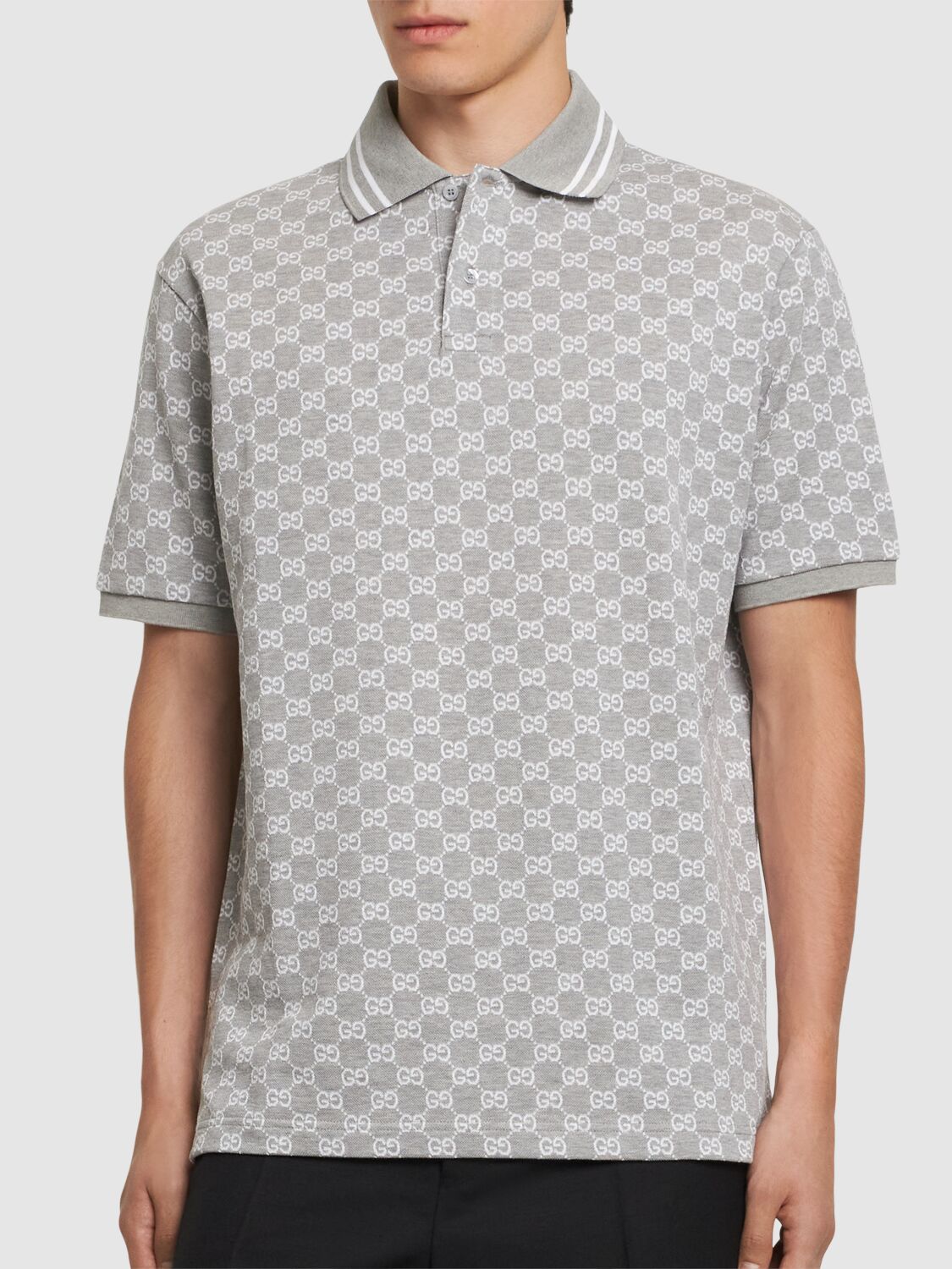 Shop Gucci Gg Jacquard Cotton Piquet Polo Shirt In Heather Grey