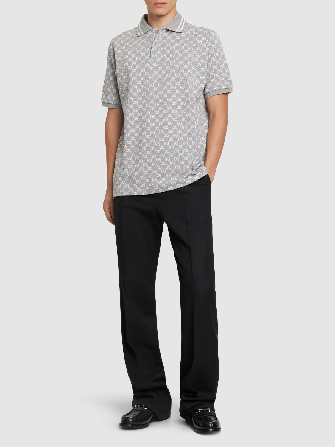 Shop Gucci Gg Jacquard Cotton Piquet Polo Shirt In Heather Grey