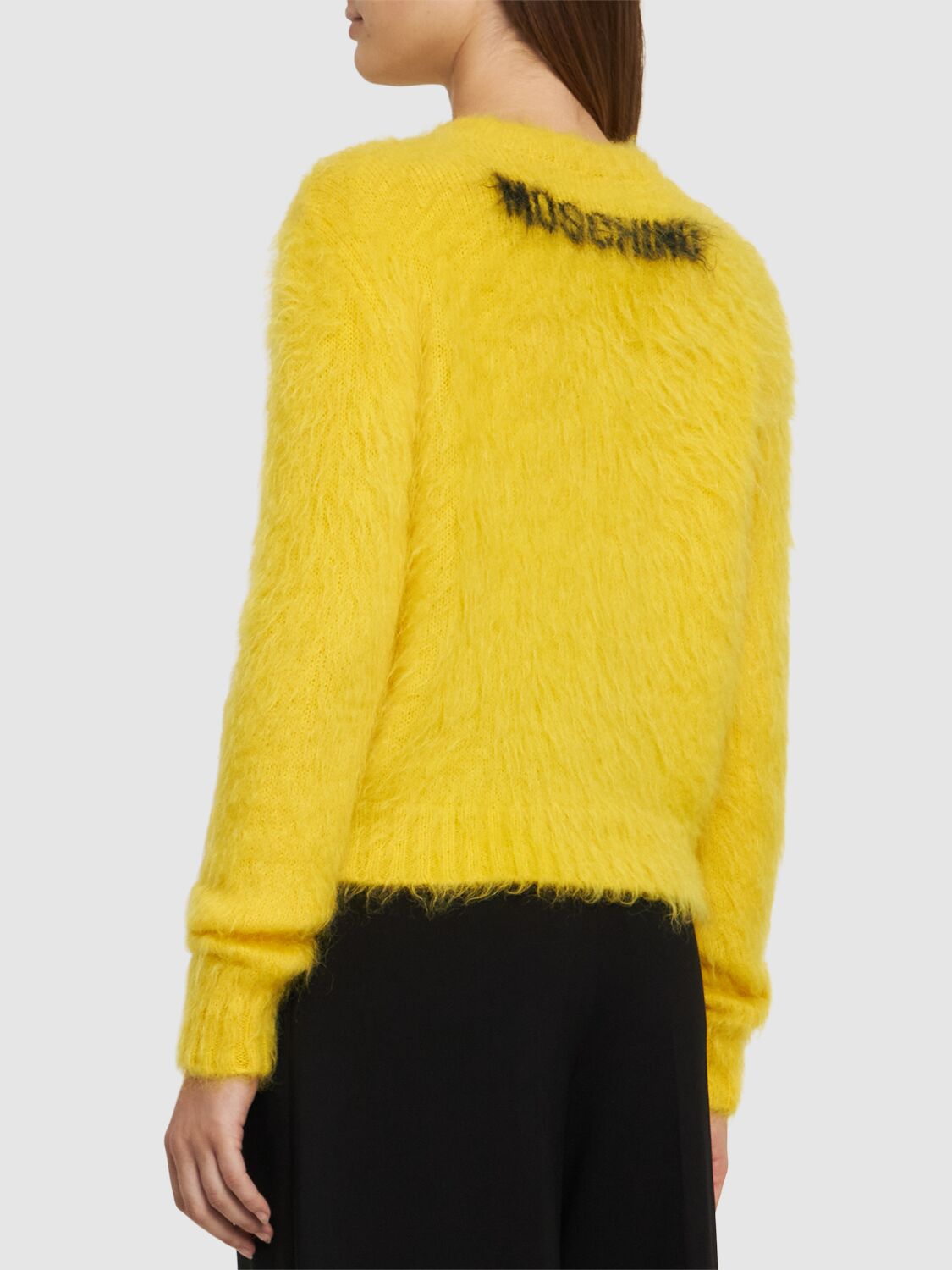 Shop Moschino Mohair Blend Knit Crewneck Sweater In Yellow