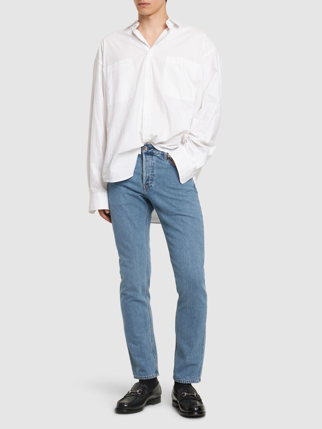 Shop Gucci New Tapered Cotton Denim Jeans In Blue