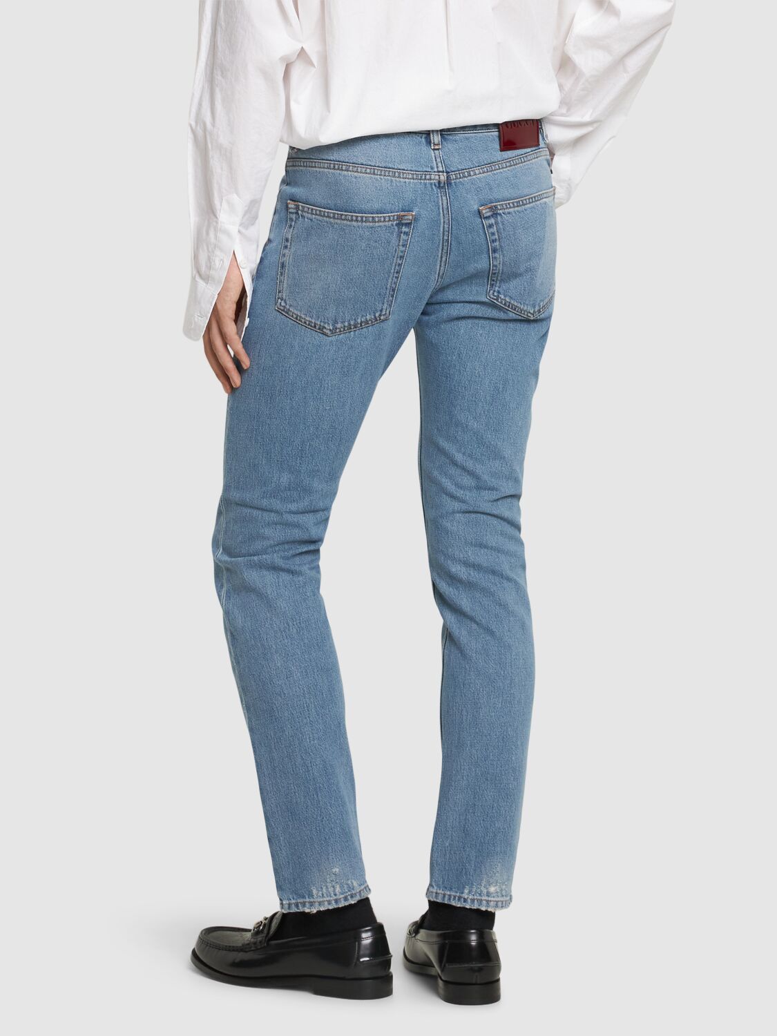 Shop Gucci New Tapered Cotton Denim Jeans In Blue